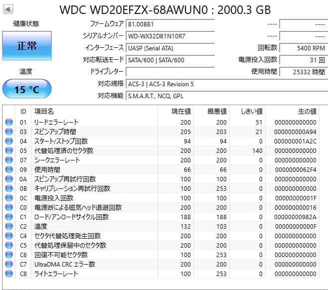 【健康状態注正常】3.5インチHDD WD RED 2TB 2個まとめての