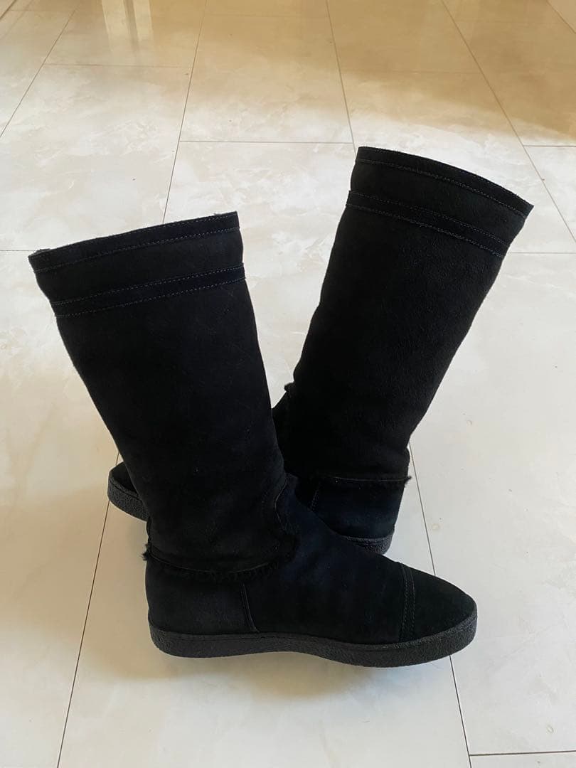 シャネル ムートン フラット ブーツ 黒 37 24cm ブラック CHANEL