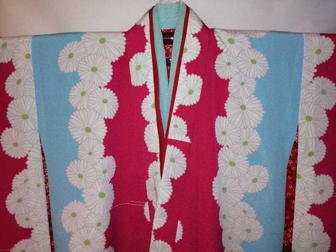 七五三7歳用.四つ身.着物ピンク水色地 古典菊柄 長襦袢付 女の子7-5