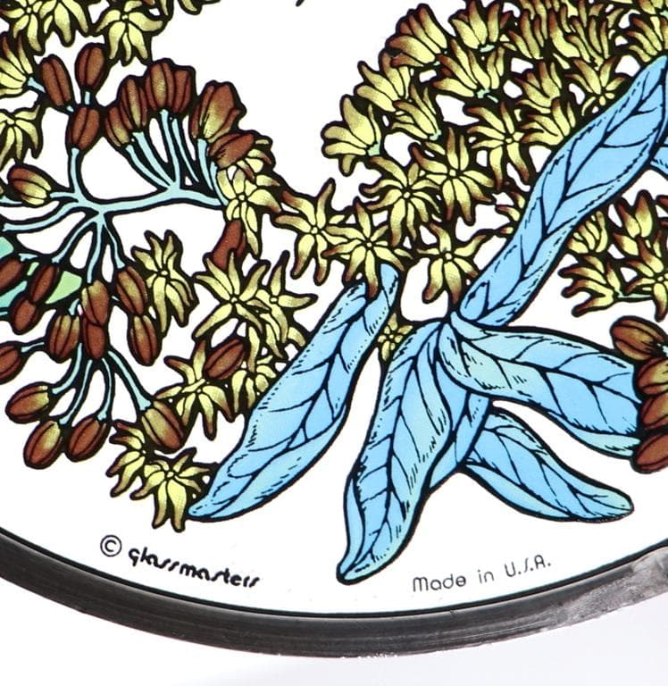 花に囲まれたオオカバマダラ ヴィンテージ ステンドグラス 花と蝶々