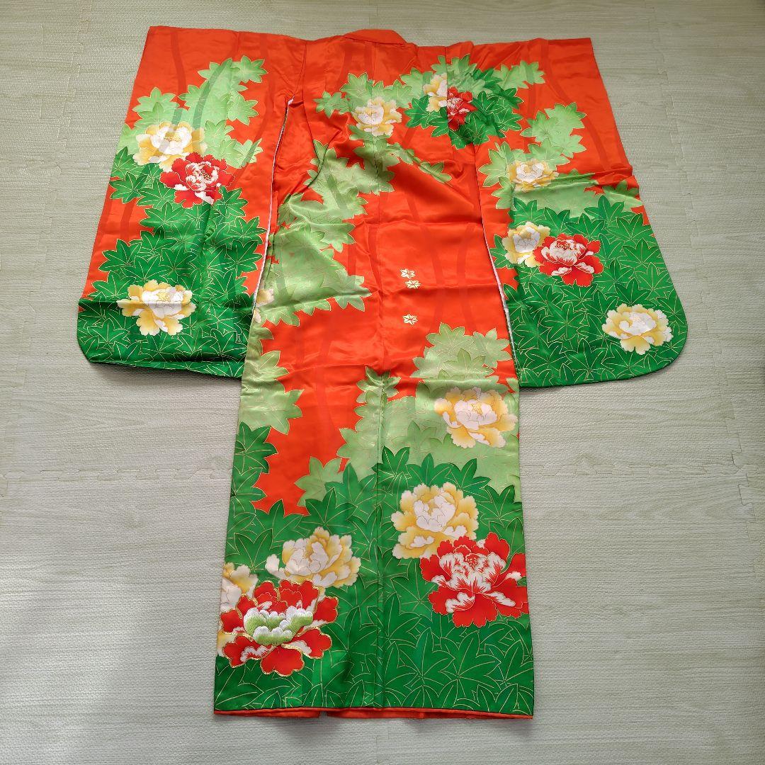 花柄のオレンジ着物と帯と志古貴　3点　七五三