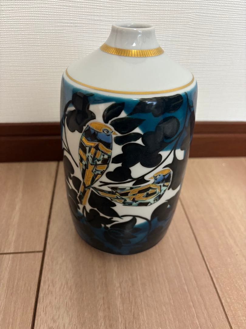 九谷焼 山岸大成作 青い鳥 一輪挿し 花瓶 共箱 縁起物