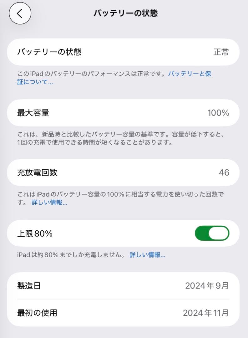 美品 容量100％ iPad Air 11インチ （第6世代/M2/2024）