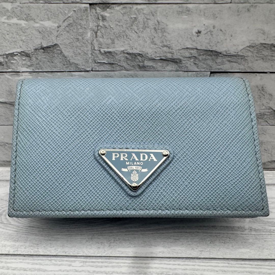 【美品】PRADA　名刺入れ　サフィアーノレザー　三角ロゴ　ブルー　カードケース