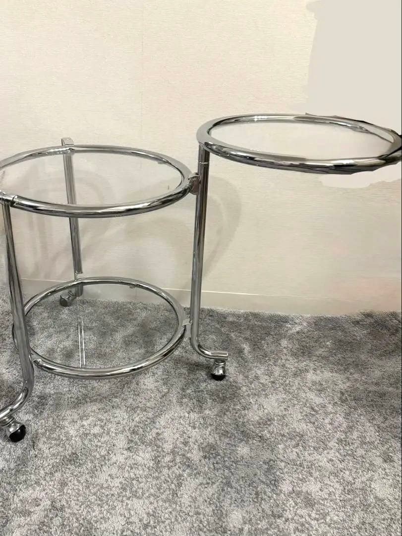 ミッドセンチュリー　テーブル　ガラス 3段サイドテーブル　モダン 机　可変式