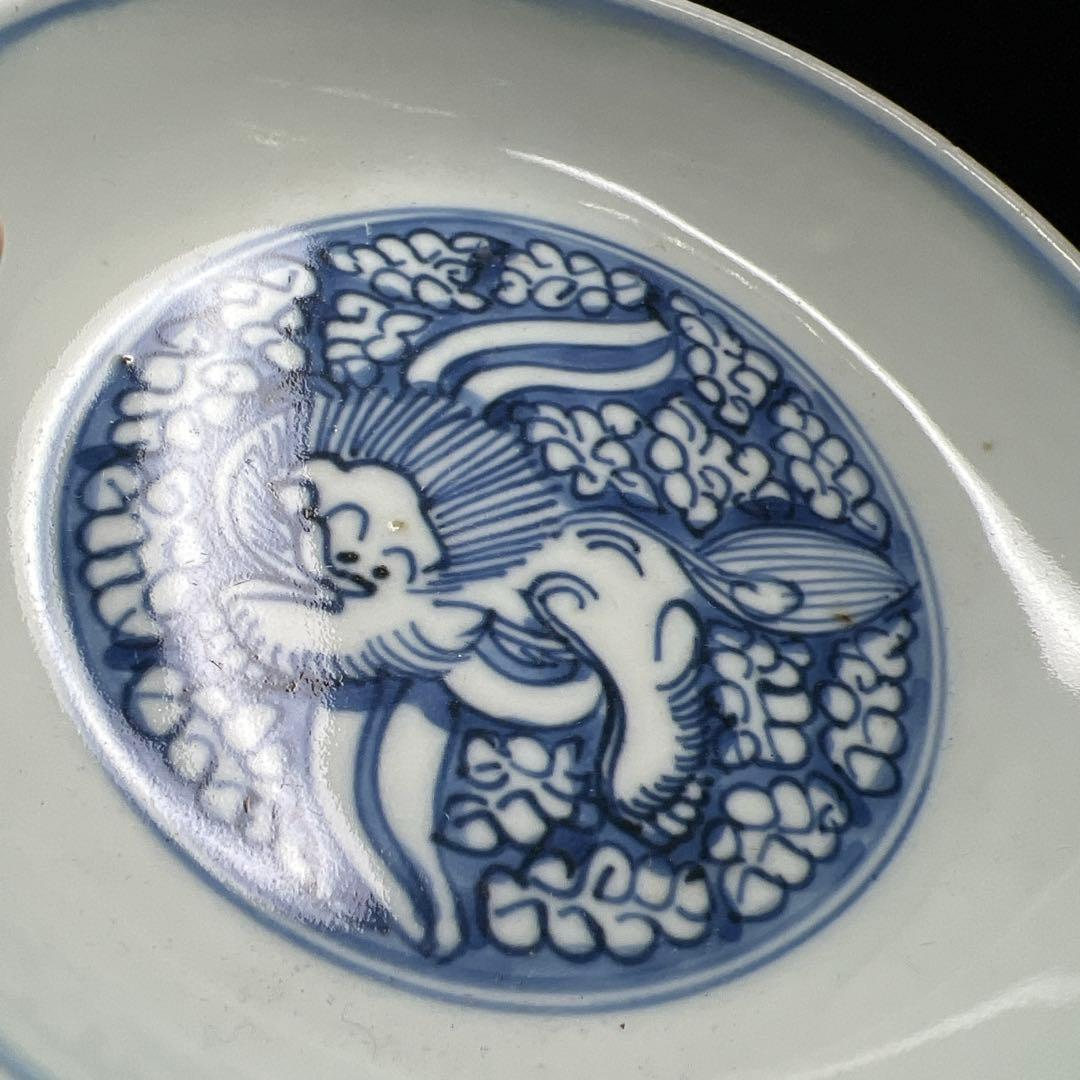 中国明時代　古染付龍図中皿10枚　木箱付　直径約13㎝　東Y8-0114☆2F