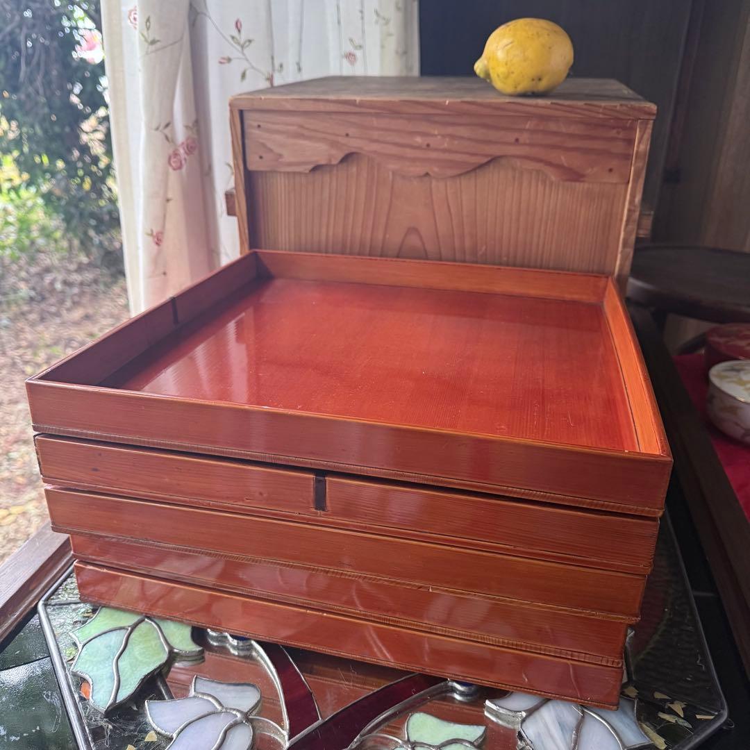 迎春感謝‼️キャラメル色‼️JAPAN 飛騨春慶塗飴色「胴張り御膳」5客木箱入