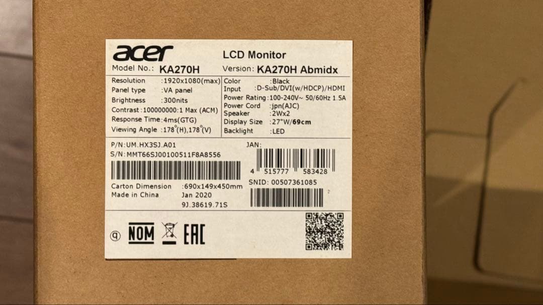 Acer KA270H 27インチ LCDモニター