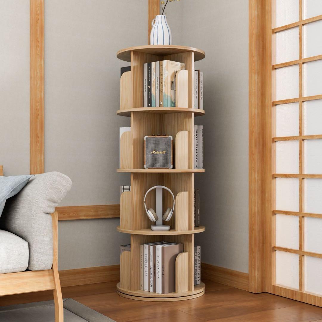回転本棚 木製 天然木 省スペース 360°回転 ブックシェルフ ナチュラル