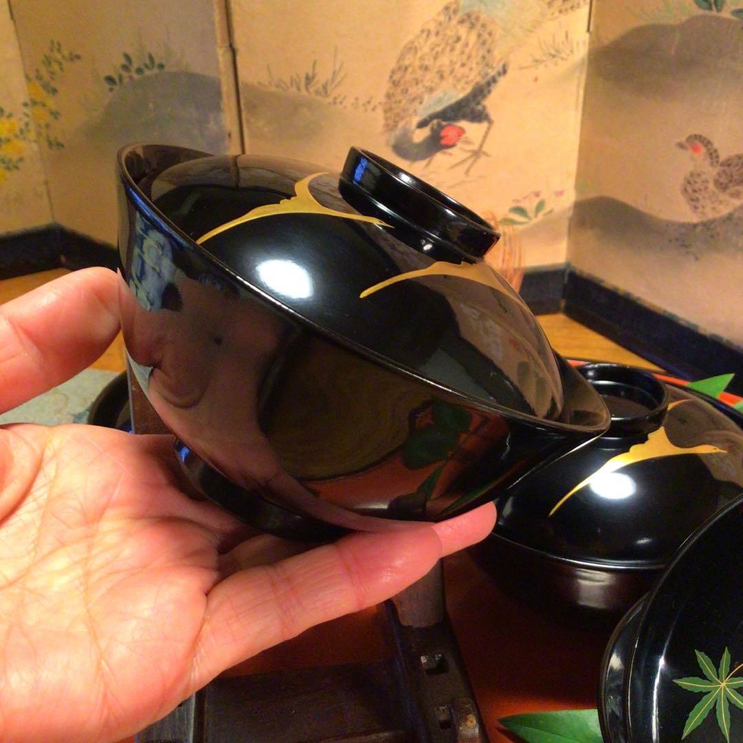 A762 木製輪島塗　懐石道具　黒塗　鶴に紅葉蒔絵　吸い物椀　　5客