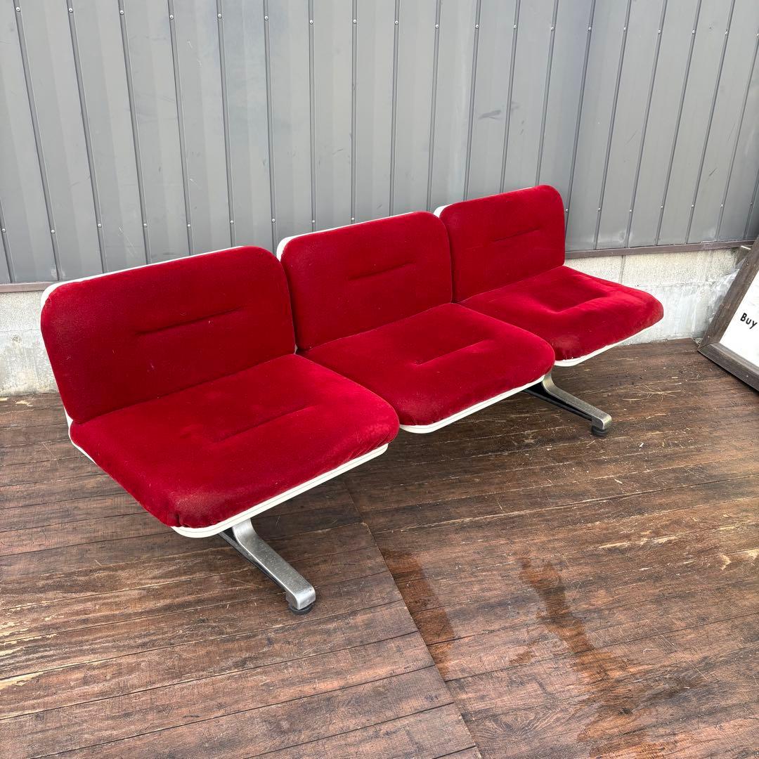 昭和レトロ オカムラ 3人掛け ベンチシート 赤 ベロア 待合椅子 ロビーチェア