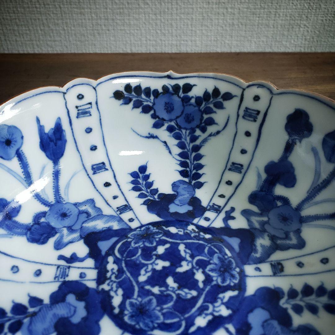古伊万里 染付 なます皿 芙蓉手 花図 花唐草 イ号 訳あり 縁欠け 明治