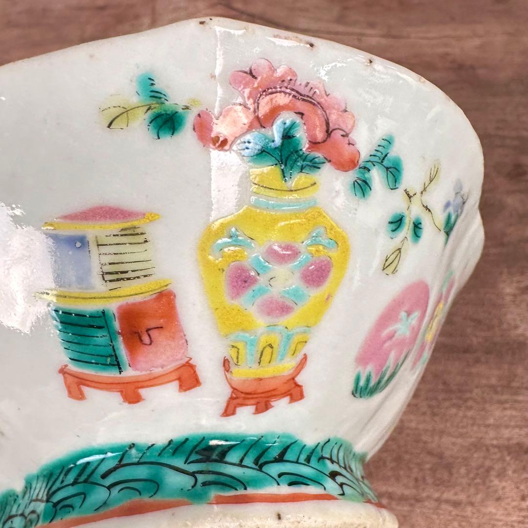 希少　粉彩　五彩花丸文　高台皿　変形鉢　清朝期　中国古玩　中国美術　骨董品