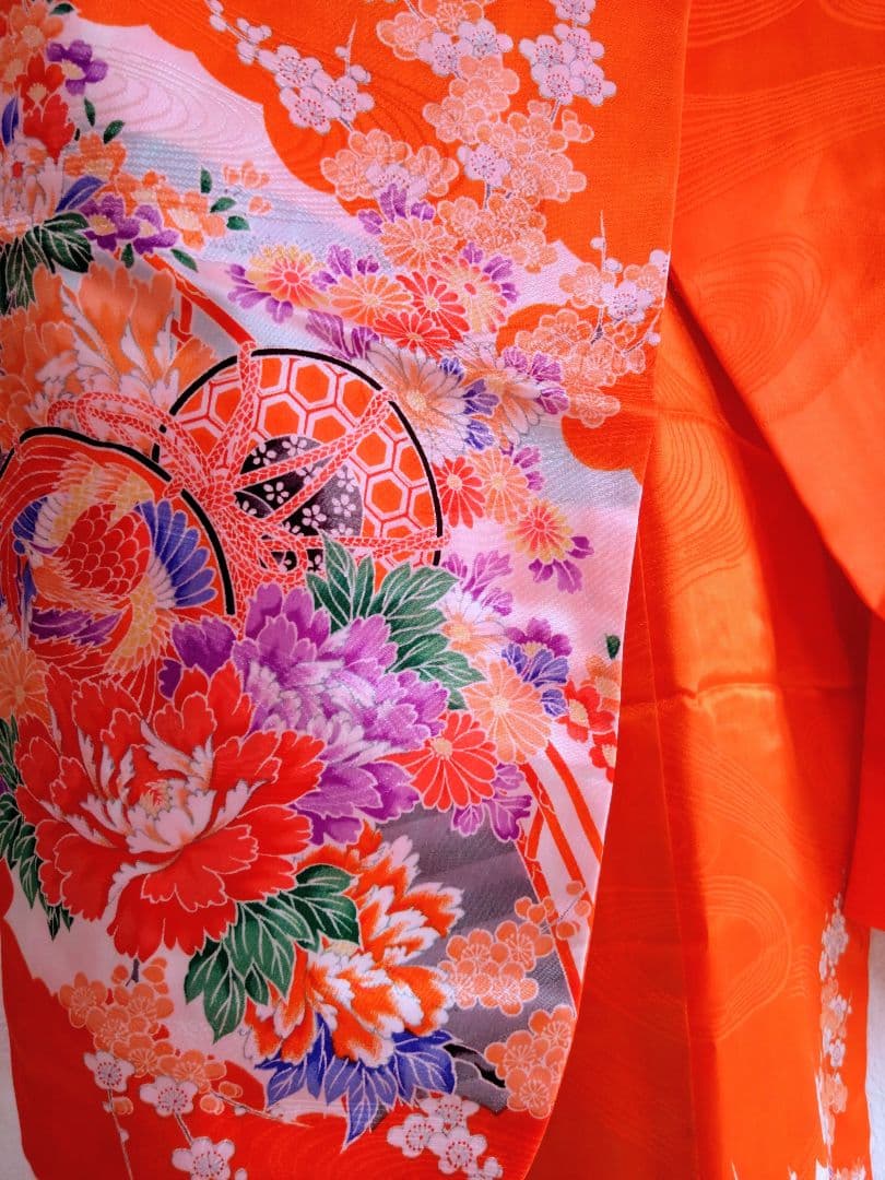 七五三オレンジの華やかな花柄着物 帯・帯締め・バック・草履・その他フルセット