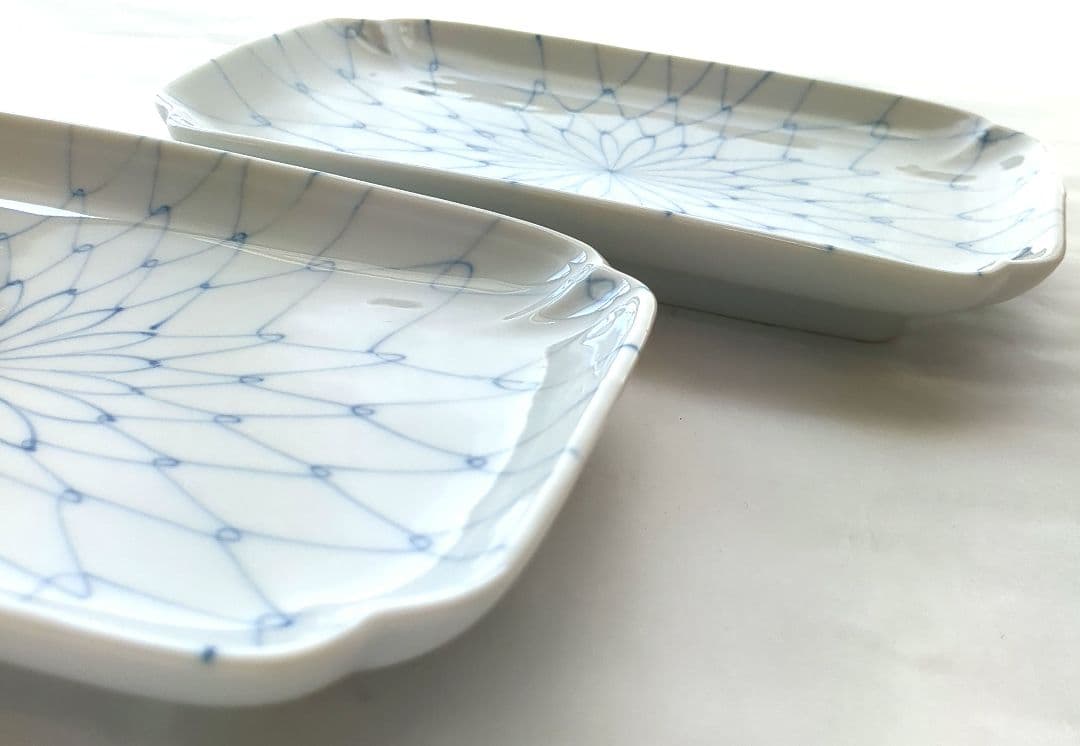 有田焼✨増山窯✨4枚❣️長皿 さんま皿 和食器 和柄 和皿 長方形 藍色 花網目