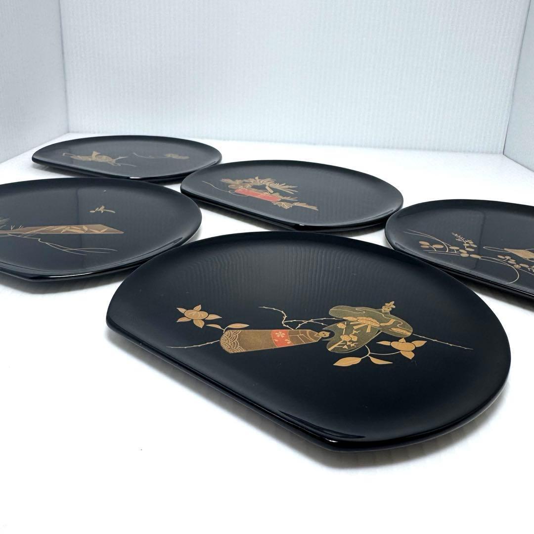 新品 輪島塗 銘々皿 5枚セット 蒔絵 和皿 漆器 菓子皿 和柄 共箱 説明書