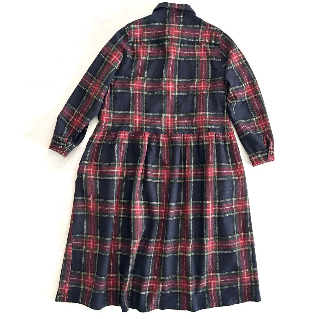 暖か イチ ichi チェックギャザーシャツワンピース ウール 黒 ブラック 毛