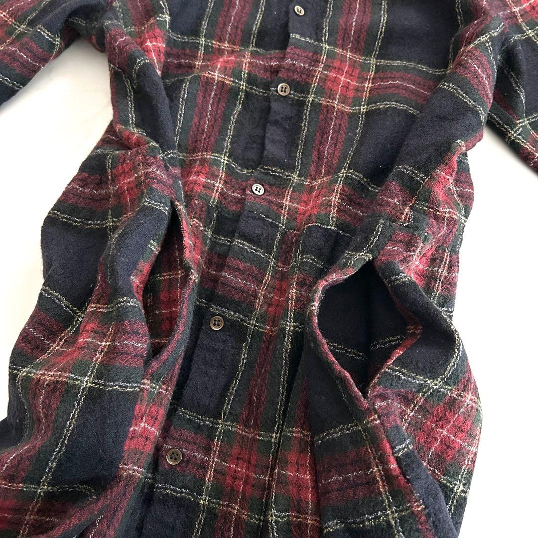 暖か イチ ichi チェックギャザーシャツワンピース ウール 黒 ブラック 毛