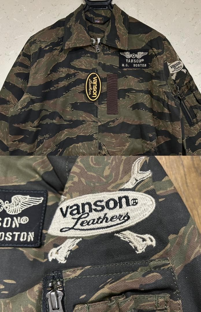 ＊VANSON タイガーカモ スカル 羽 刺繍 ワッペン つなぎ L