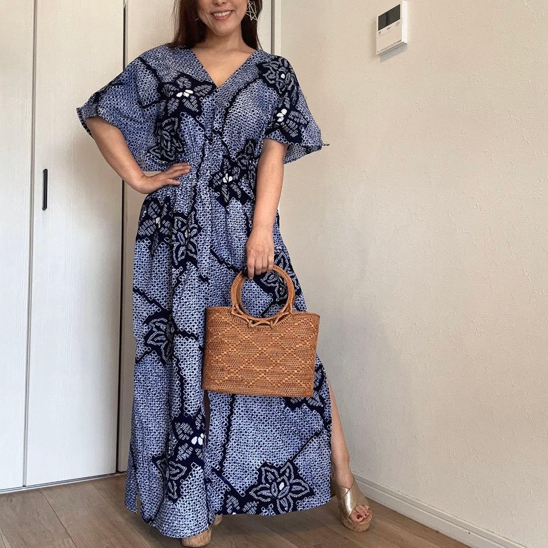 一点物　浴衣　有松絞り　ワンピース ハンドメイド　マキシ　シンプル　単色