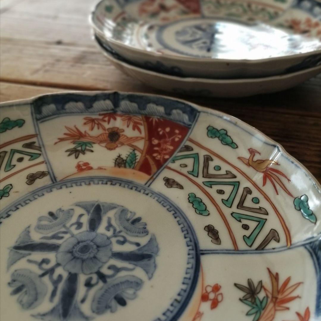 古伊万里　色絵　ふくら雀と鳳凰　輪花縁　七寸皿　３客