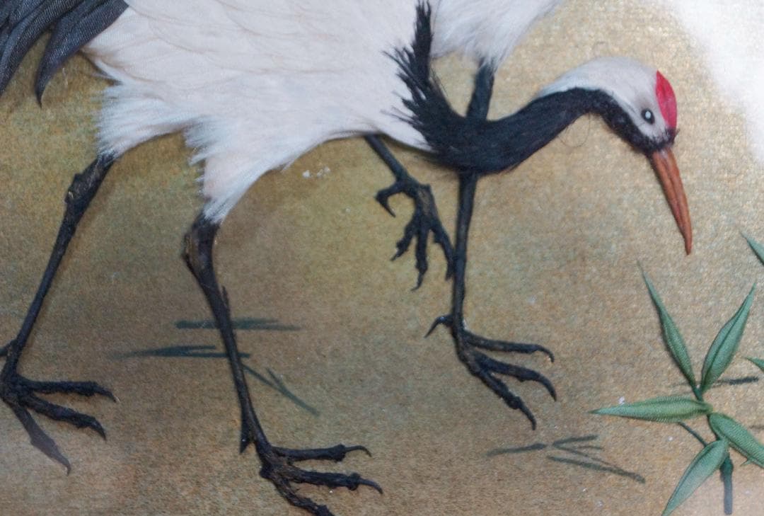 茶道具 二曲屏風 貼り絵『丹頂鶴花鳥図』 日本画 絵画 屏風★時代物★