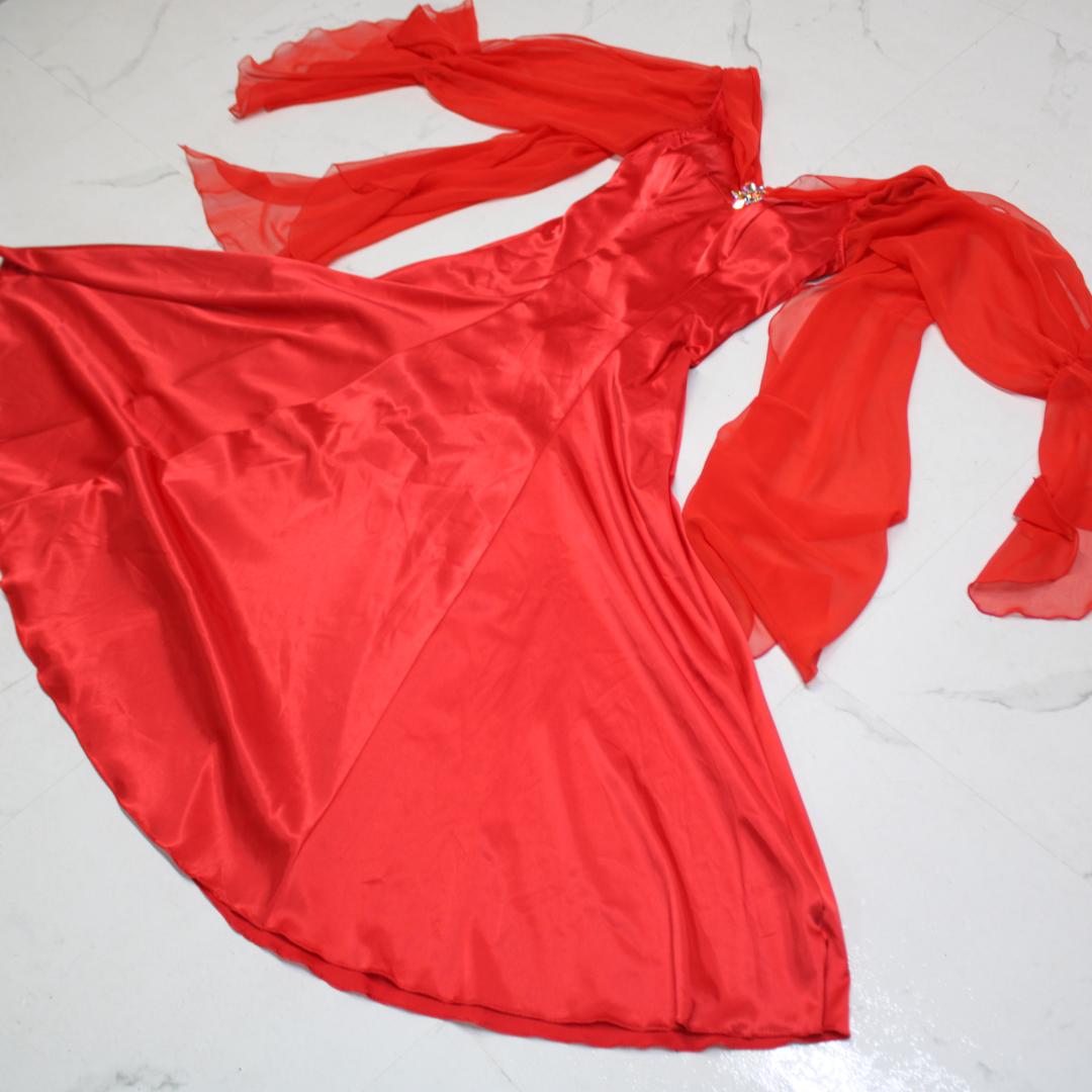 【美品 社交ダンス衣装】レッド ワンピース ドレス ラインストーン レース 袖