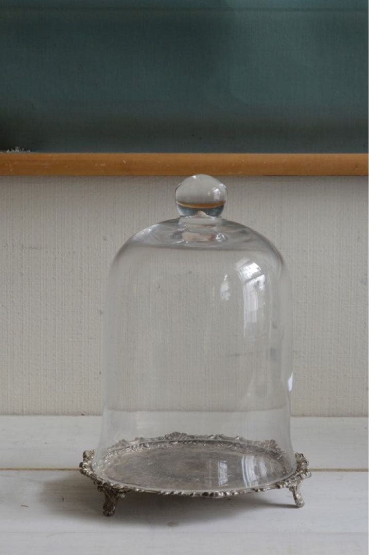 ＊訳あり イギリス アンティーク☆ガラスドームH25cmシルバープレート台座付き