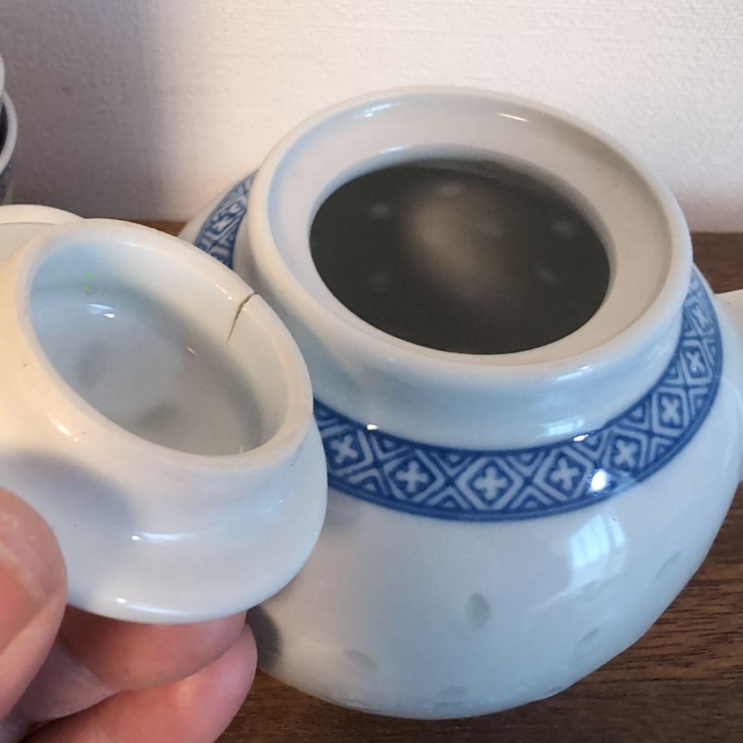 古い景徳鎮銘の蛍焼セット　中国染付　青花　蛍手アンティーク茶器　骨董