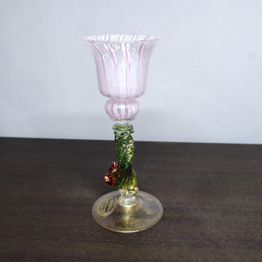 ムラーノガラス 金彩 レースガラス 花形ステム ミニグラス 酒器