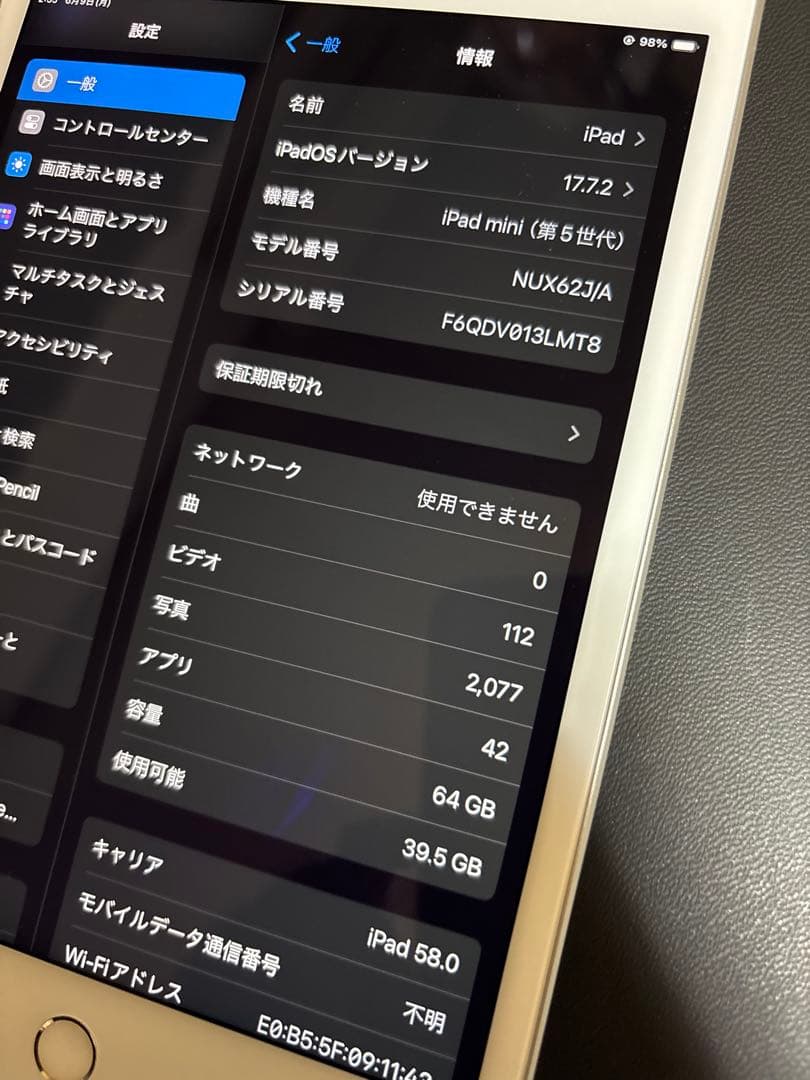 Apple iPad mini 5 セルラー 第5世代 64GB sim解除
