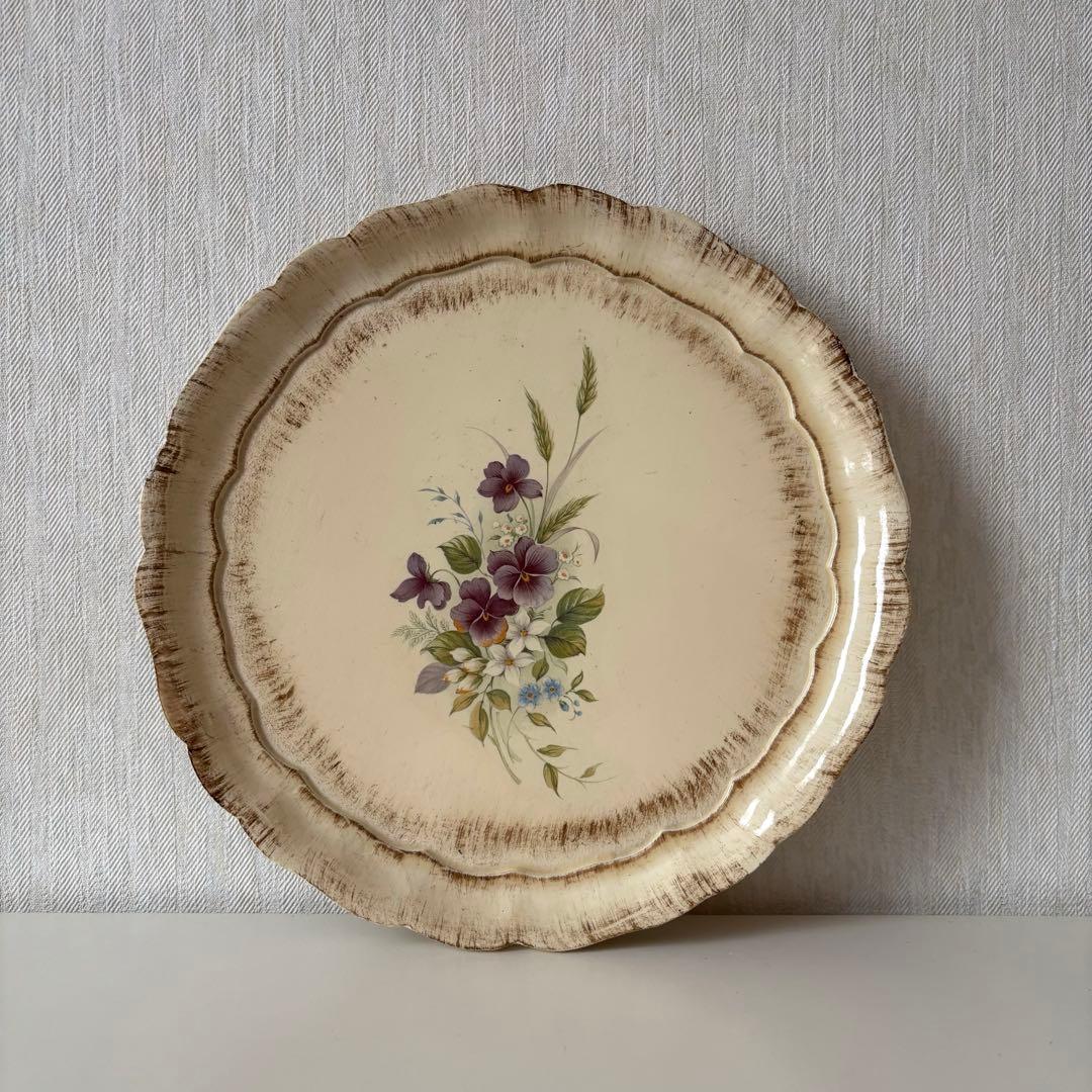 【イタリア】すみれ 木製 トレイ シャビーシック ヴィンテージストック 花リム