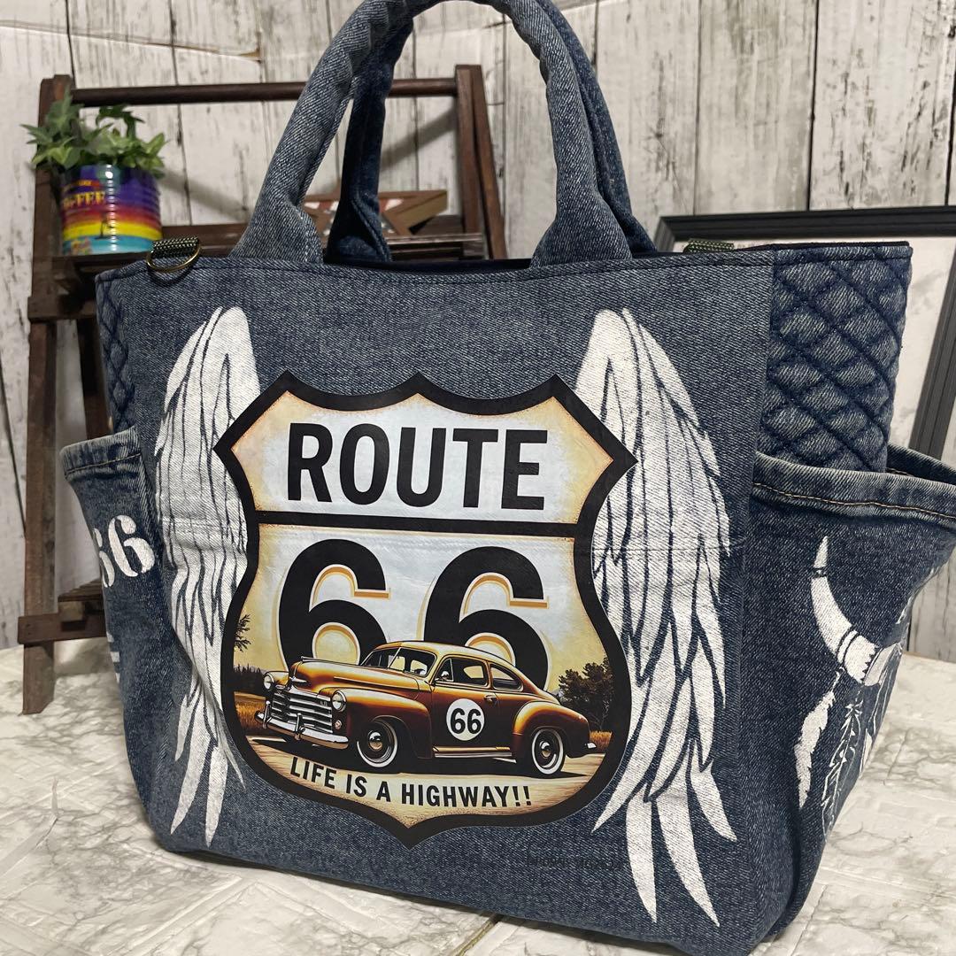 No. 489 デニムリメイクバッグ　トートバッグ　ルート66 インディアン
