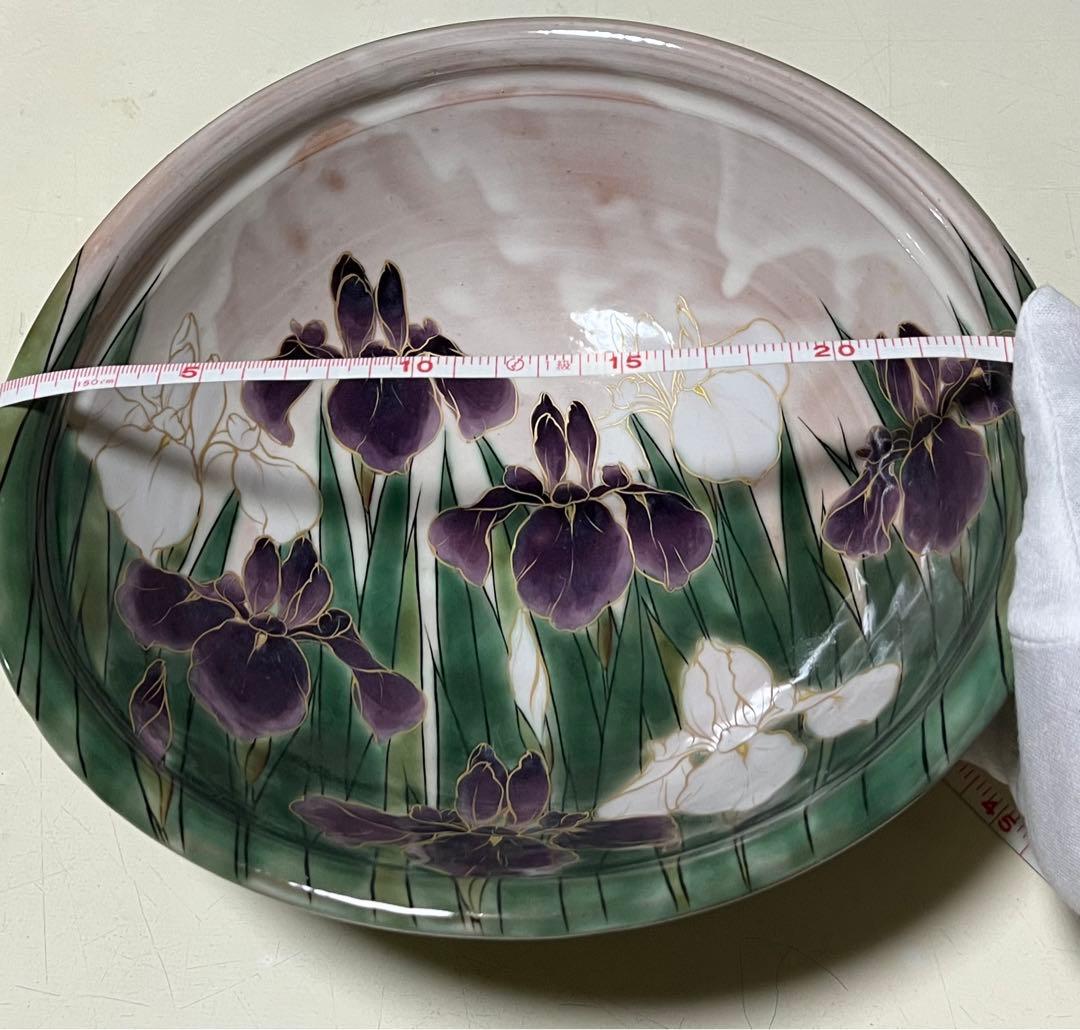 京都八坂清水焼　陶あん金彩色絵付け花菖蒲大鉢