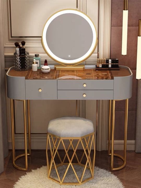 北欧風  オシャレドレッサー　グレー　80cmレザー調 大理石天板 LEDミラー