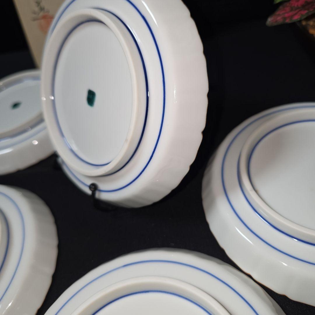 九谷焼　九谷青郊　青手牡丹唐草文　銘々皿　輪花皿　取皿　菓子皿　 5客