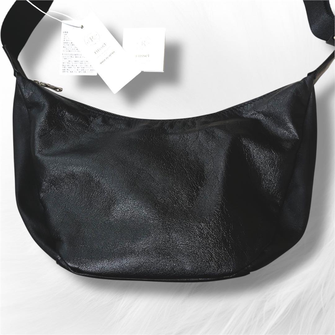 新品 ラシット ソフトレザー ラウンド ショルダーバッグ 黒 ハーフムーン