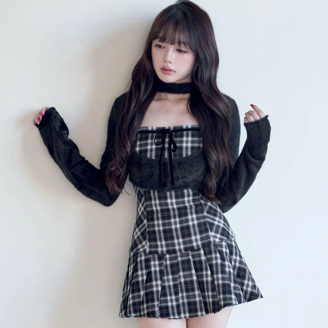 bunnylis ファーボレロ×チェックミニワンピ ブラック