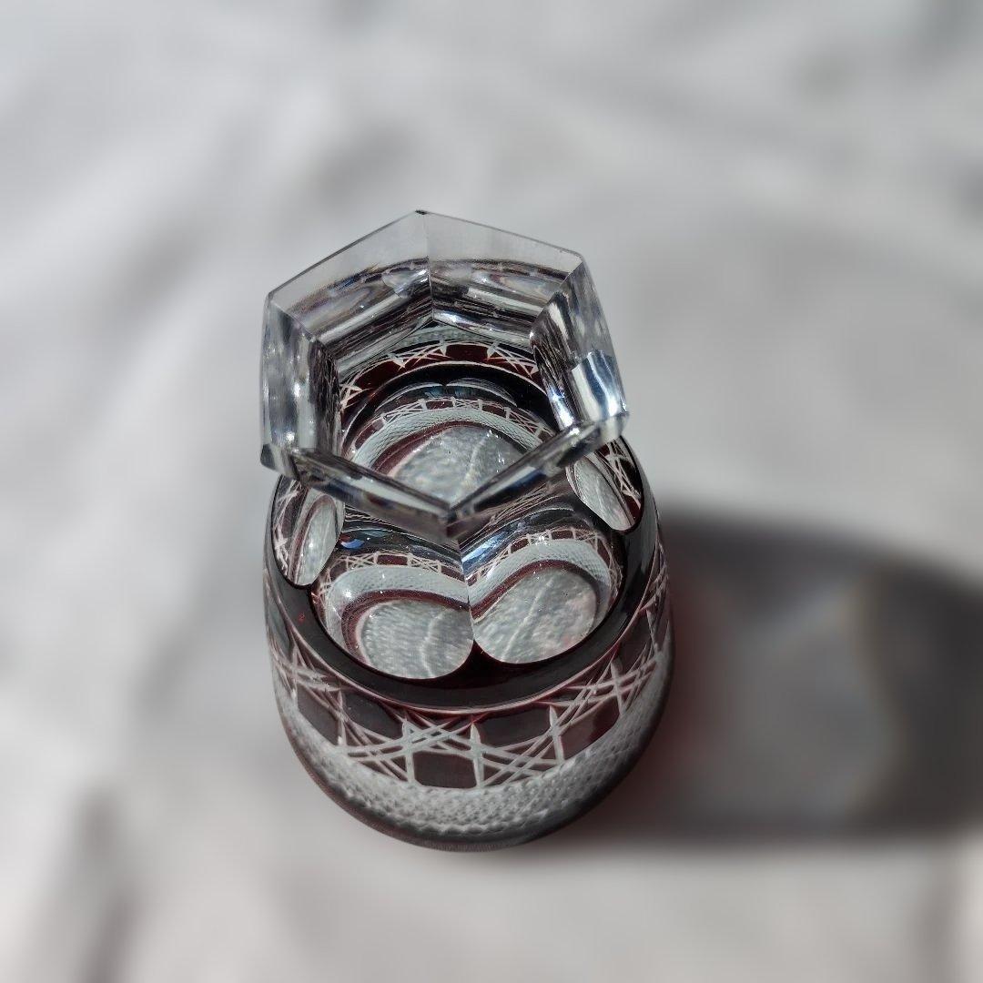 【新品未使用】薩摩切子ワインレッド　カットガラス酒器 六角形