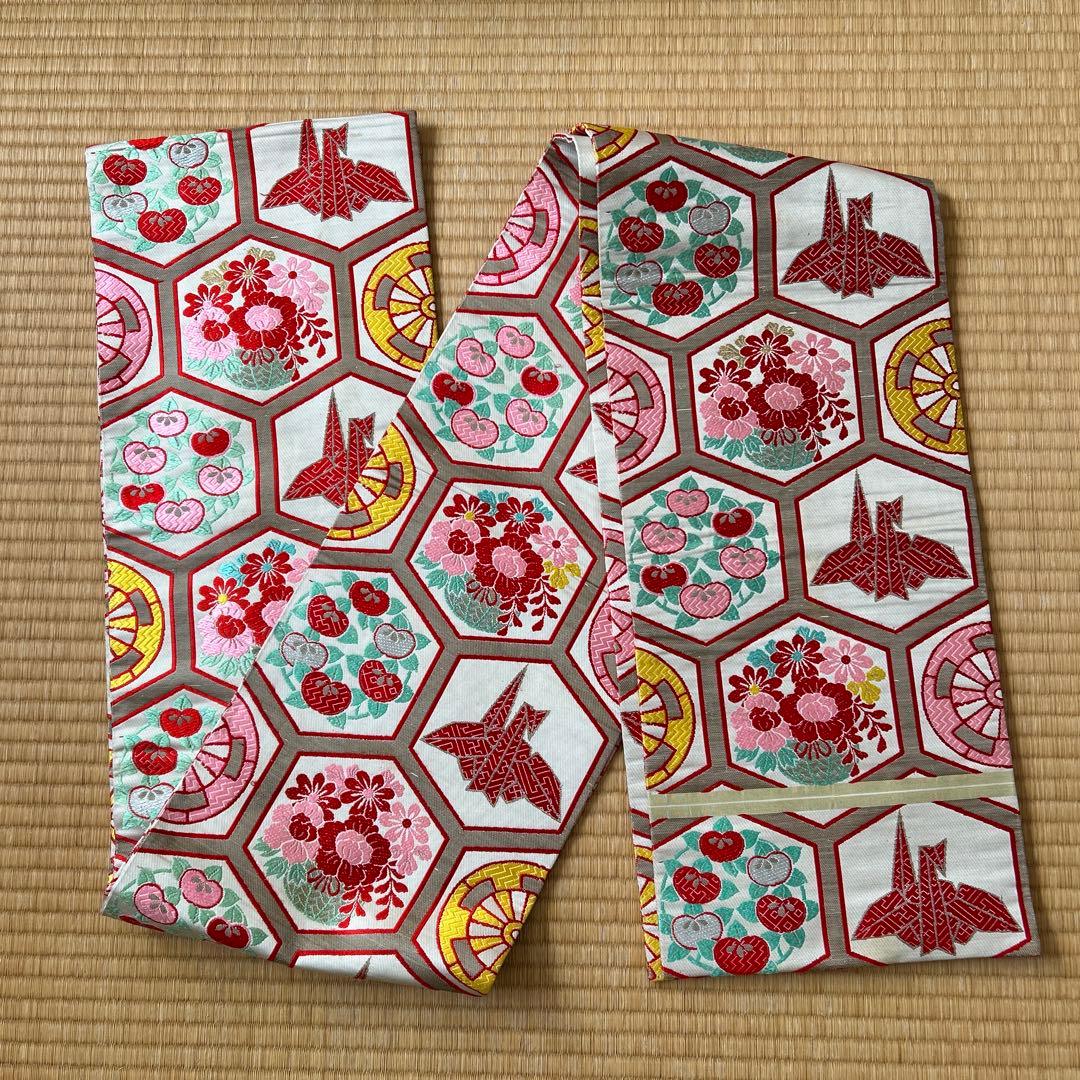 七五三　結び帯　帯　両面柄　赤　7歳　七歳　豪華両面柄入り　折鶴　折り鶴　鶴