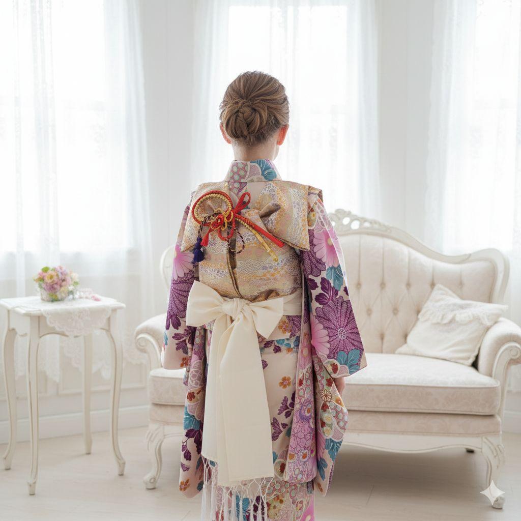 新品クリーム色に大きな花模様の着物と作り帯フルセット☆七五三