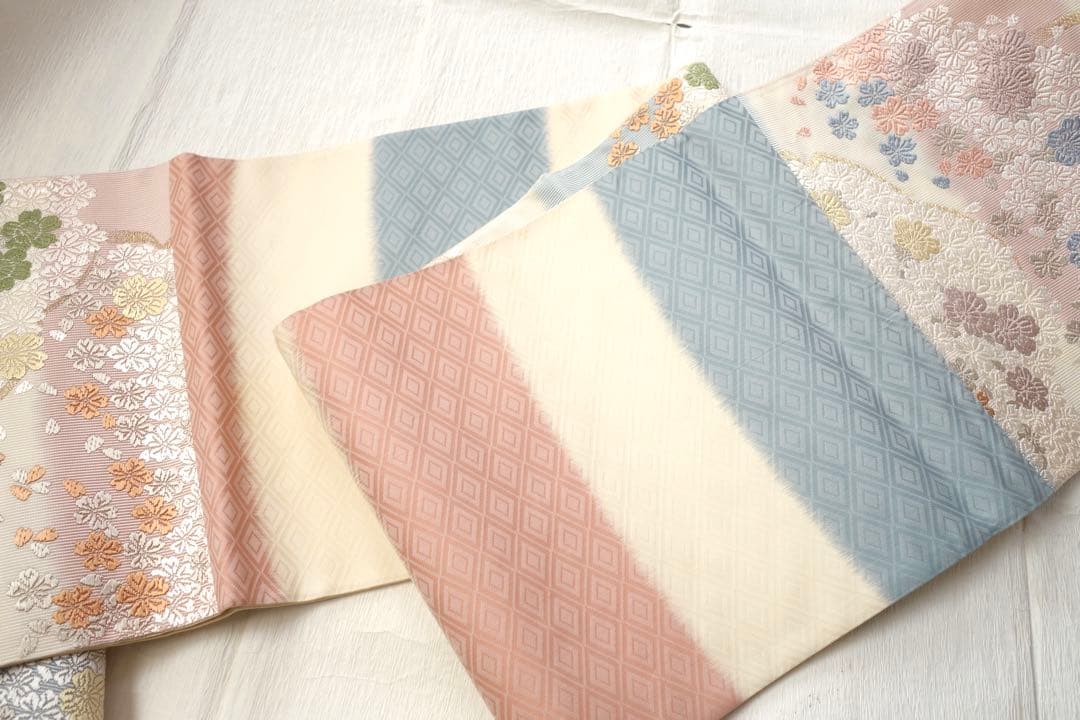 正絹　六通袋帯　雪輪に桜　唐織　入学式、卒業式など