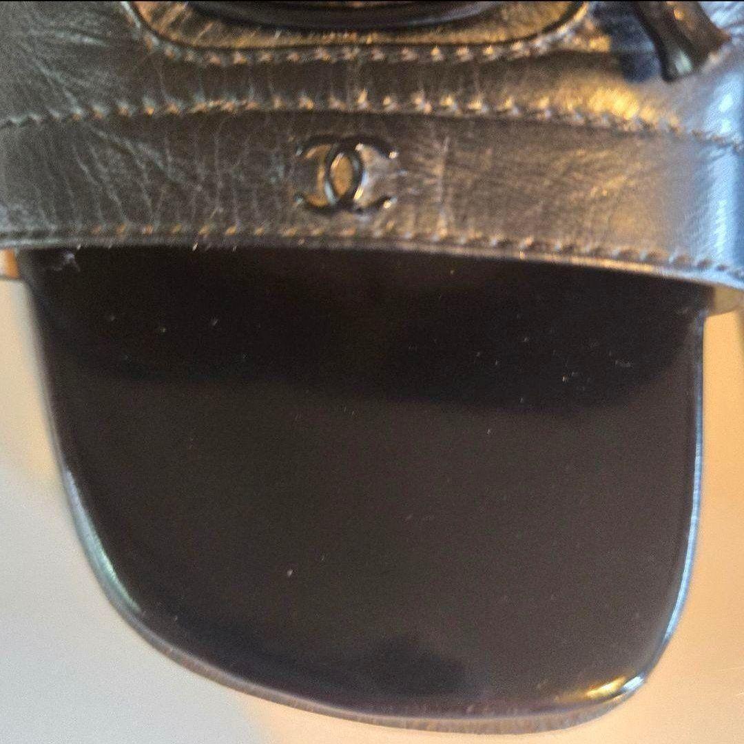 シャネル　 ブラック　レザーサンダル 中ヒール　リボン付き　22.5㎝