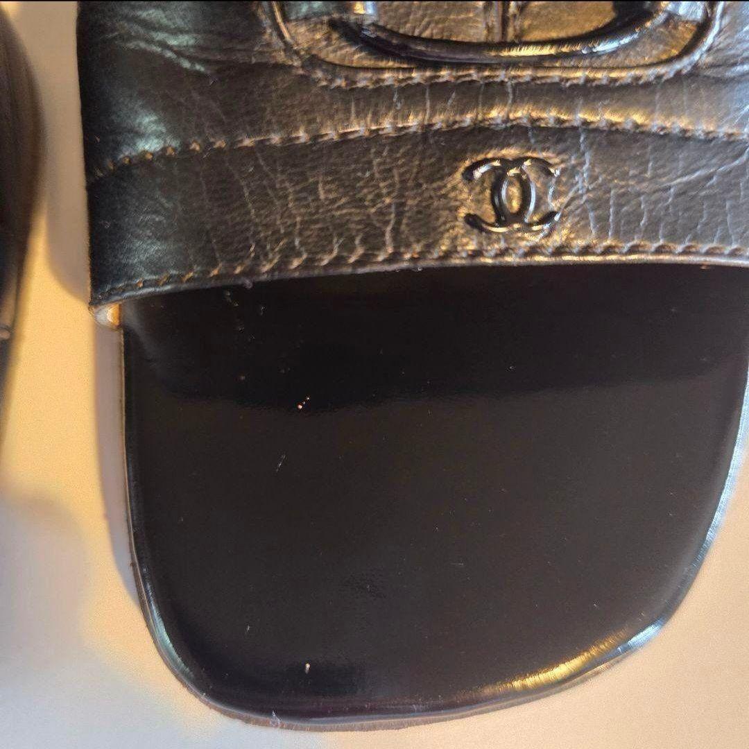 シャネル　 ブラック　レザーサンダル 中ヒール　リボン付き　22.5㎝