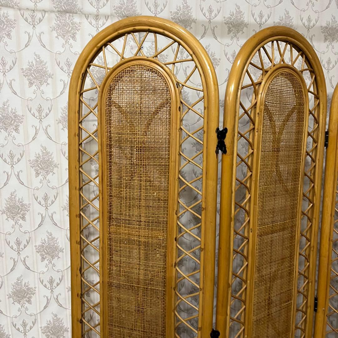 【アンティーク】籐 ラタン 3連パーテーション 間仕切り 衝立 目隠し古道具