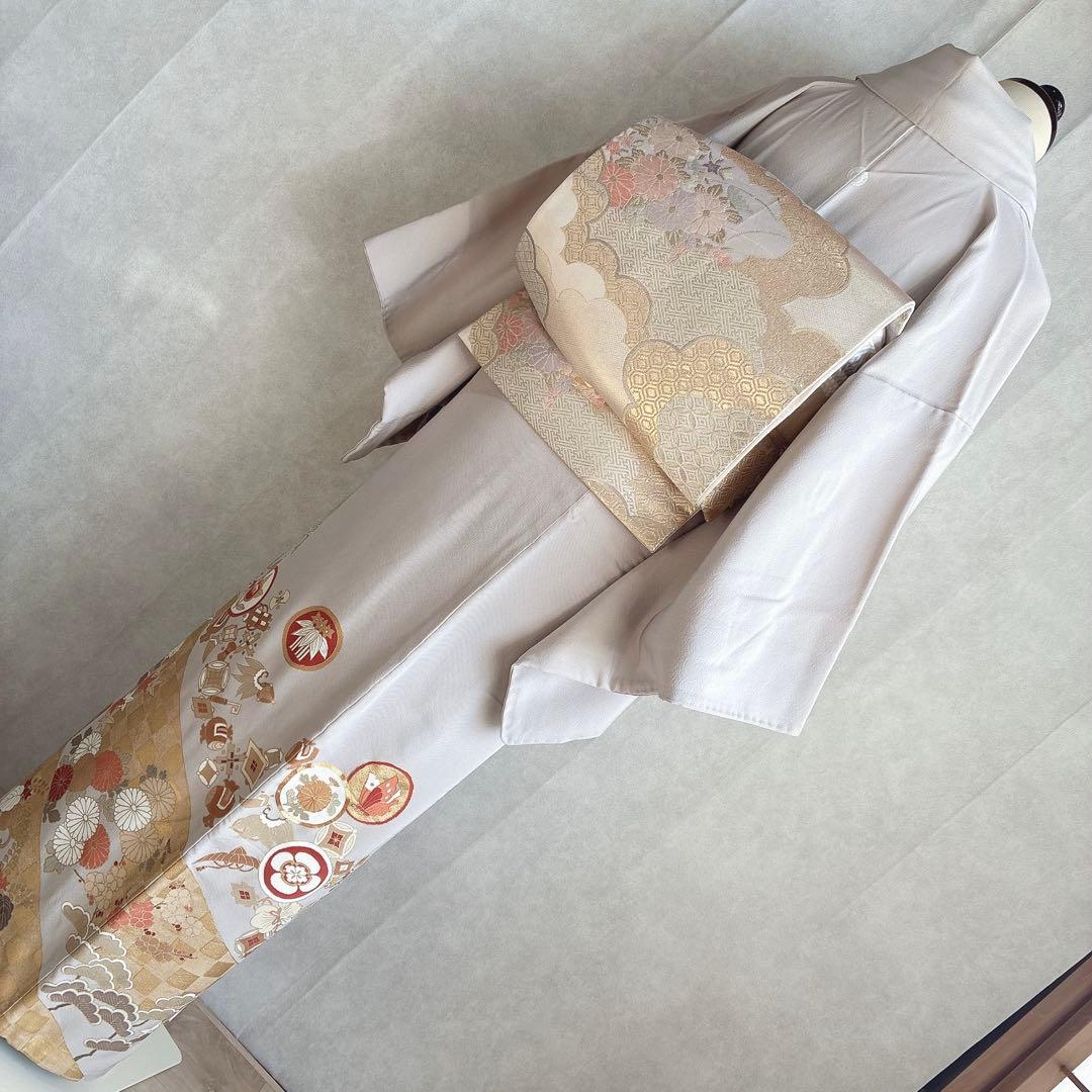 訪問着　フルセット　着物　難あり　練習用　正絹　宝尽くし　金駒刺繍　N2