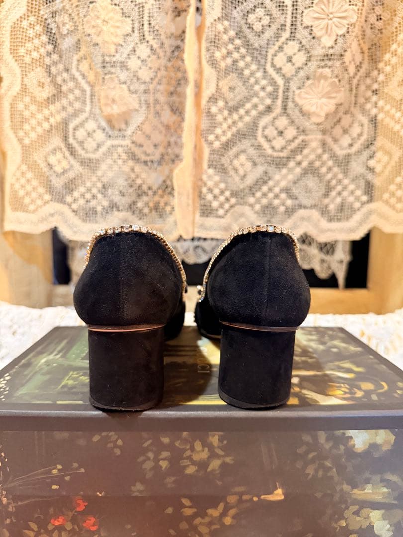 GUCCI パンプス GGマーモント ラインストーンスエード レザー黒