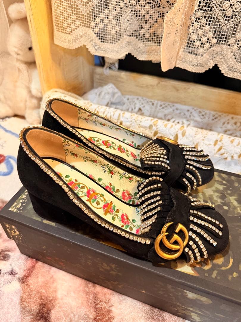 GUCCI パンプス GGマーモント ラインストーンスエード レザー黒