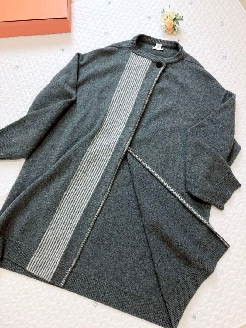 HERMES ロングカーディガン　コート　Hロゴ　ヴァージンウール