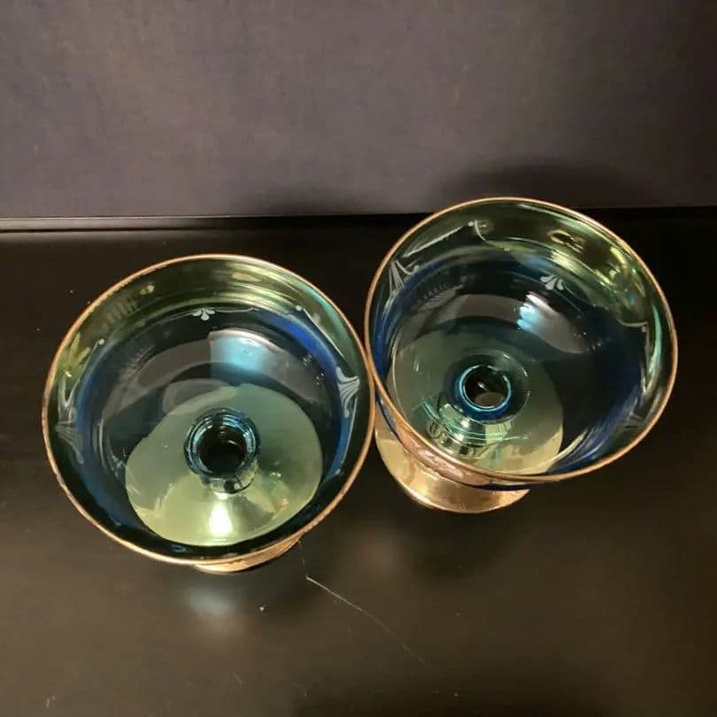 ベネチアンガラス　2客金色とブルーのエレガントなデザインの手描き花柄グラス　①②